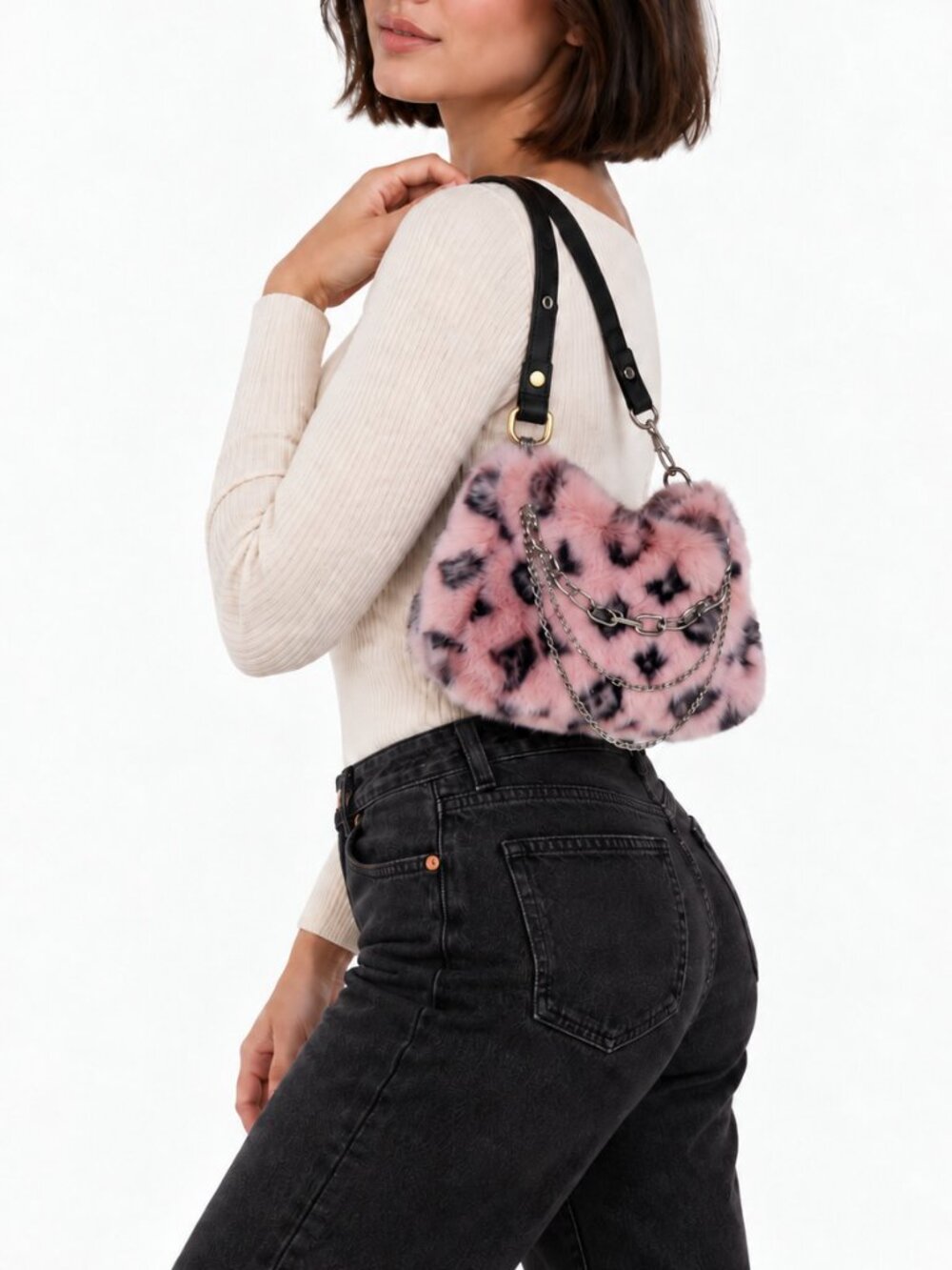 Pink Leopard Print Faux Fur Short Shoulder Bag Chain Accent